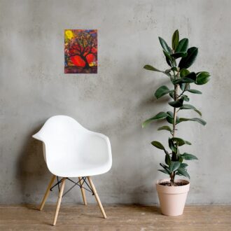 Tree of Love art print, red and orange tree painting, hanging on a grey wall above a white chair and a potted plant, by Pacific Northwest artist Kristy Lewellen