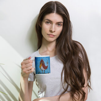 On a Limb bird mug — whimsical brown bird with a golden beak on a branch, printed on both sides of an 11 oz mug by Pacific Northwest artist Kristy Lewellen
