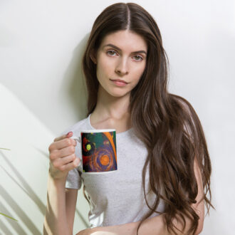Electric Flow art mug — bold orange swirl abstract painting wrapped around an 11 oz white ceramic mug by Pacific Northwest artist Kristy Lewellen
